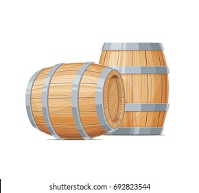 Two Wooden barrel for wine or beer. Container beverage. Vintage oak Cask. Isolated white background. Vector illustration.