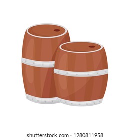 Two wooden barrels for farming and wine-making. Cylindrical containers. Cartoon vector design