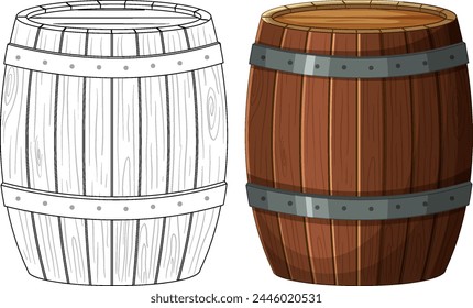 Two wooden barrels, one colored, one outlined.