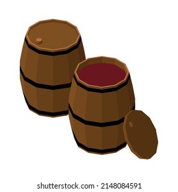 Two wooden barrels with red wine isometric 3d vector illustration