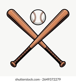 Two wooden baseball bats crossed with a baseball above on a white background