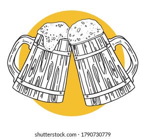 Two wooden beer mugs with foam. Hand drawn outline vector sketch illustration with color spot on background