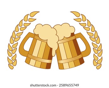 Two wooden beer mugs toasting, with beer foam