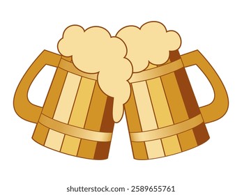 Two wooden beer mugs toasting, with beer foam