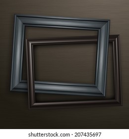 Two wooden black frames for picture on dark background, vector illustration