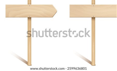 Two wooden blank signs stand upright, creating inviting element for directional guidance, showcasing versatility and potential for personalization in signage. Vector illustration.