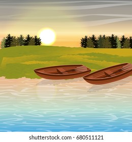 Two wooden boats, shore of a lake or river, green meadow, silhouettes of coniferous fir trees, sky, clouds, sun. Dawn or sunset. Vector landscape can be used in newsletter, brochures, postcard, banner