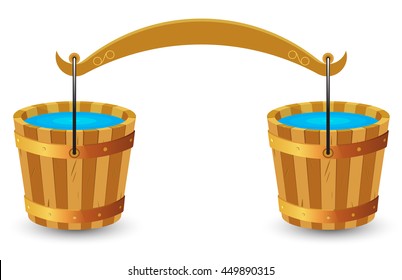 Two wooden buckets with clean drinking water and yoke on white background. Vector illustration. svg