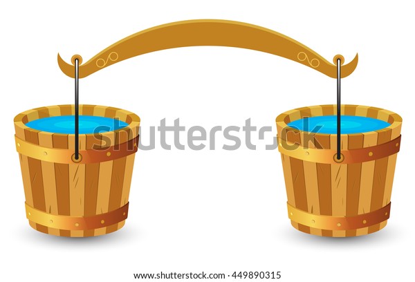Two wooden buckets with\
clean drinking water and yoke on white background. Vector\
illustration.
