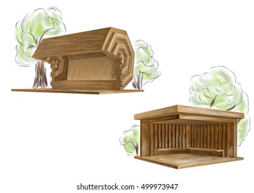 two wooden bus stop
