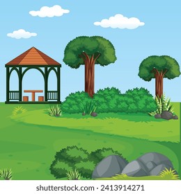 Two wooden cabins in the forest illustration