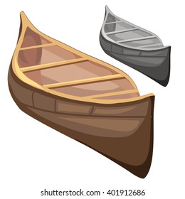 Two wooden canoe isolated on white background. Vector cartoon close-up illustration.