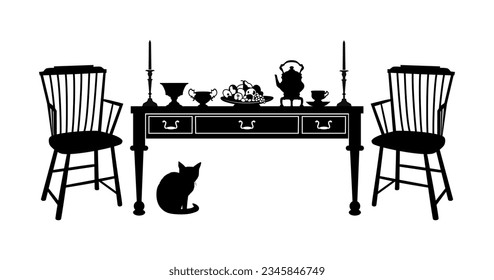 Dos sillas de madera, una mesa de comedor antigua, candelabros, cuenco de frutas y diversos utensilios para tomar el té. Interior retro. Siluetas aisladas de objetos sobre un fondo blanco. Ilustración vectorial. 
