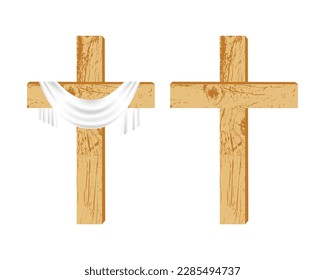 Two wooden Christian crosses. A simple wooden cross with and without a shroud on a white background. Design element for religious holidays and themes. Vector illustration.