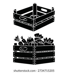 Two wooden crates, one empty and the other filled with fresh vegetables.