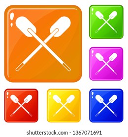Two wooden crossed oars icons set collection vector 6 color isolated on white background