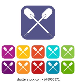 Two wooden crossed oars icons set vector illustration in flat style In colors red, blue, green and other