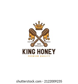 two wooden dipper with honey drop and crown logo design, king honey logo, organic, premium quality, modern, vector template in white background