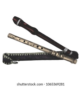 two wooden flutes and a leather self-made cover lie top view, color sketch style drawing