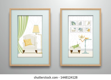 Two wooden frames with colored passe-partout. The picture shows a fragment of a room with an vintage armchair, floor lamp, ottoman and a table with a tea set