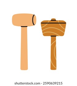 Two wooden hammers shown in flat graphic style isolated on white background. Concept of carpentry tools. Vector illustration