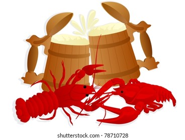 Two wooden mugs of beer and two boiled crawfish. Illustration on a white background.