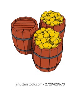 Two Wooden Old Vintage filled by Gold Coins and One Closed Barrels. Vector Illustration.