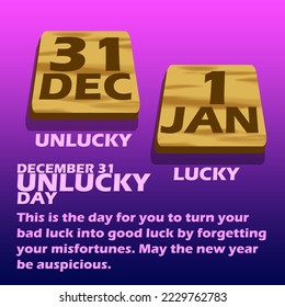 Two wooden planks in the shape of a rectangular box containing the date with bold text and  sentence on purple to blue gradient background to celebrate Unlucky Day on December 31