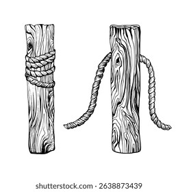 Two wooden posts wrapped with rope. Hand drawn vector illustration painted by black ink. Sketch in line art style isolated on white background. Perfect for maritime rustic or coastal themed design.