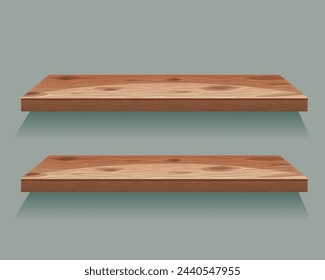Two wooden shelves against a plain background