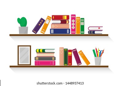 Two wooden shelves with books, plant, stationery and a photo frame on white background. Vector illustration.