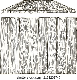 Two wooden shields made of boards from different angles on f white background. Freehand drawing.