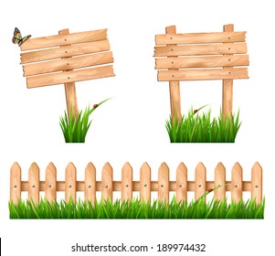 Two wooden signs and a fence with grass. Vector.