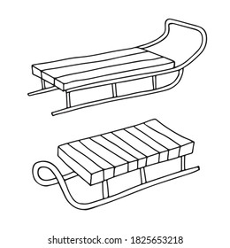 Two wooden sledges.  For winter sports and fun for children.  Vector outline illustration.