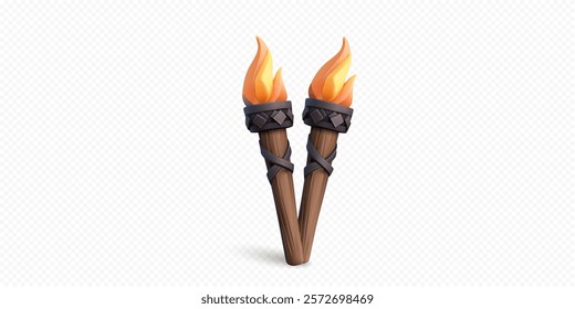 Two wooden torches with vibrant flames stand side by side, symbolizing light and warmth. The dark background accentuates their glow, enhancing the inviting atmosphere.