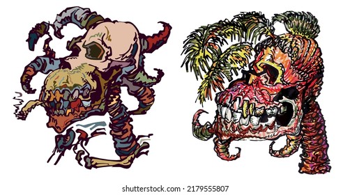 Two woodoo heads, freehand drawn line art illustrations random colored by markers