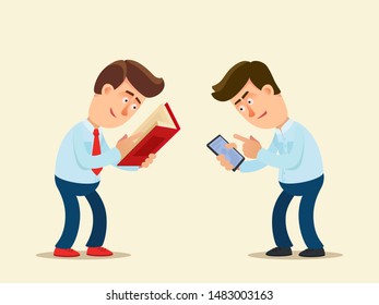 Two worker in office, one man reading book, another person playing a game by phone. Work versus fun concept. Vector illustration, flat design, cartoon style. Isolated background. Side view.