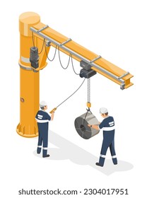 Two worker using Operating Slewing jib medium crane to lifting and moving heavy mattirial inside factory warehouse industrial isometric isolated cartoon vector