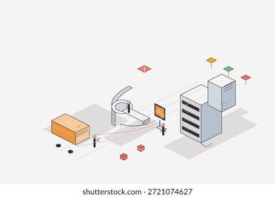 Dos trabajadores están organizando un sistema de transporte en un almacén. Conectan varios componentes para mejorar el flujo de materiales. La escena está activa con cajas y equipos.