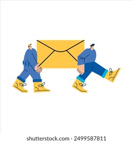 Divertidos personajes de dibujos animados llevan un sobre gigante. Correo, servicio postal, concepto de entrega. Diseño plano. Aislado. Icono de correo electrónico. Ilustración vectorial. Nueva notificación por correo electrónico y SMS en el App móvil del buzón