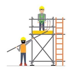 Two Workers Build A Single Layer Of Tubular Scaffolding. Flat Vector Illustration Of Construction Work.