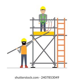 Two workers build a single layer of tubular scaffolding. Flat vector illustration of construction work.