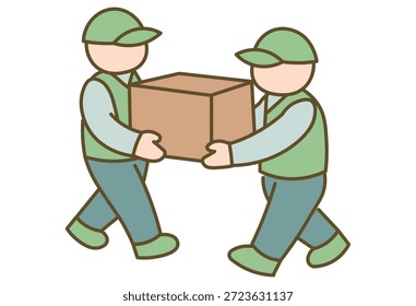 Dos Trabajadores Que Llevan Cajas Juntas Que Representan El Trabajo En Equipo En Logística, Servicio Móvil, Operación De Entrega Y Concepto De Trabajo Manual Cooperativo Para Uso Comercial Y De Servicio