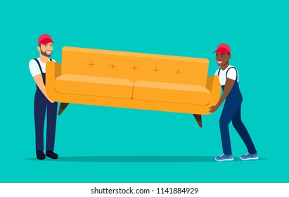 Two workers are carrying a sofa. Moving House. Vector flat style illustration