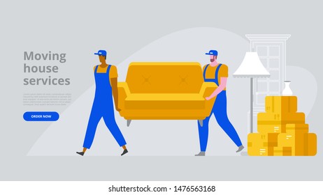 Two workers are carrying a sofa. Moving boxes in new house. Vector flat style illustration