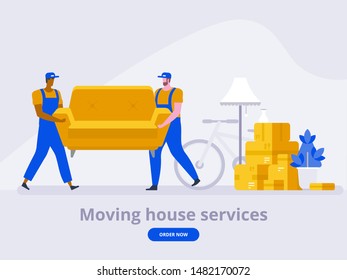 Two workers are carrying a sofa. Moving boxes in new house. Vector flat style illustration