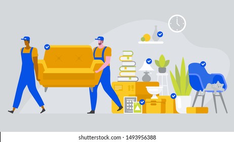 Two workers are carrying a sofa. Moving boxes in new house. Vector flat style illustration
