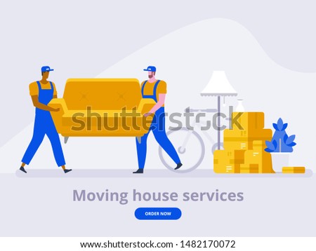 Two workers are carrying a sofa. Moving boxes in new house. Vector flat style illustration