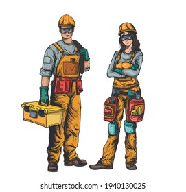 Construcción de dos caracteres de trabajadores, hombres y mujeres, uniforme de trabajo, ilustración vectorial