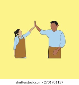 Two workers clapping hands for teamwork and job well done. Unity and support between colleagues employees concept